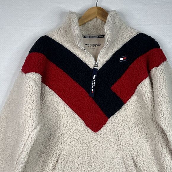 Tommy Hilfiger Sport Sherpa Fleece Pullover Women’s L White Red Navy Colorblock - Picture 2 of 11